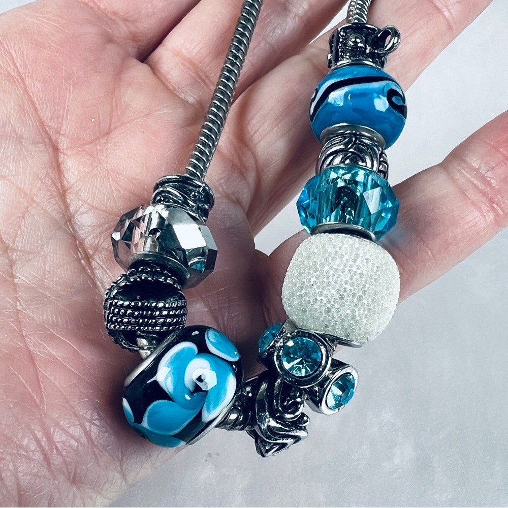 Pretty Aged Silvertone Blue Multi Charm Beaded Br… - image 4